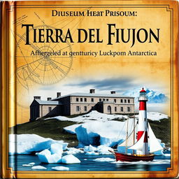 A captivating book cover for a museum in Tierra del Fuego, featuring a collage that artfully combines imagery of the former prison with an ancient navigation illustration and the icy landscape of Antarctica