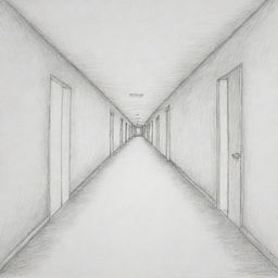 Create a basic one point perspective drawing illustrating depth and dimension. This could be a long, straight road disappearing into the horizon or an indoor hallway stretching into the distance.