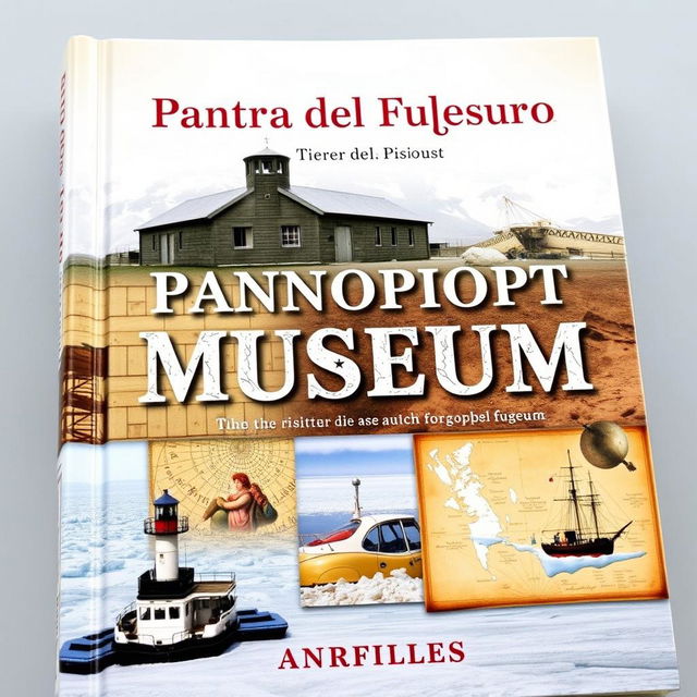 A book cover capturing the essence of a panoptic museum in Tierra del Fuego, featuring a collage of the former prison, ancient navigation illustration, and a frozen Antarctic landscape