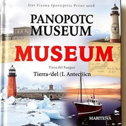 A book cover capturing the essence of a panoptic museum in Tierra del Fuego, featuring a collage of the former prison, ancient navigation illustration, and a frozen Antarctic landscape