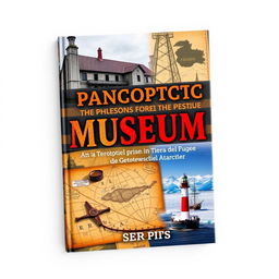 A book cover capturing the essence of a panoptic museum in Tierra del Fuego, featuring a collage of the former prison, ancient navigation illustration, and a frozen Antarctic landscape