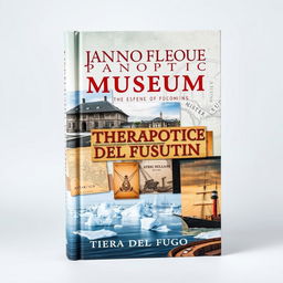 A book cover capturing the essence of a panoptic museum in Tierra del Fuego, featuring a collage of the former prison, ancient navigation illustration, and a frozen Antarctic landscape