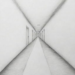 Create a basic one point perspective drawing illustrating depth and dimension. This could be a long, straight road disappearing into the horizon or an indoor hallway stretching into the distance.