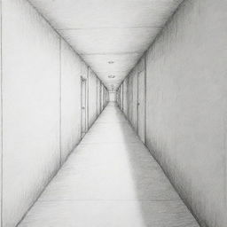 Create a basic one point perspective drawing illustrating depth and dimension. This could be a long, straight road disappearing into the horizon or an indoor hallway stretching into the distance.