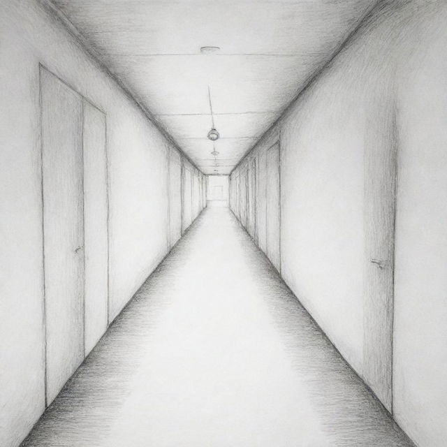 Create a basic one point perspective drawing illustrating depth and dimension. This could be a long, straight road disappearing into the horizon or an indoor hallway stretching into the distance.