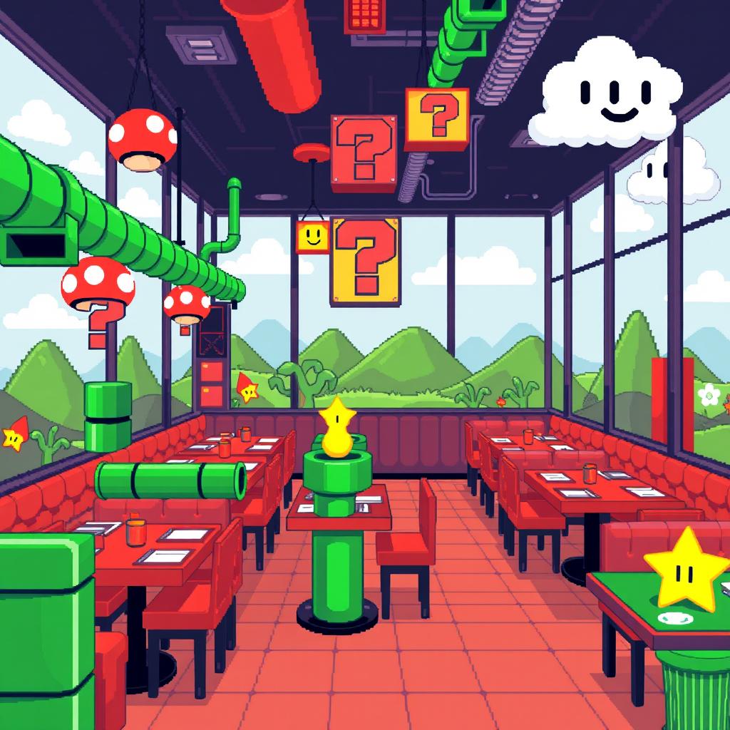 A pixelated restaurant inspired by the Mario Bros world, featuring vibrant colors and iconic elements such as mushroom decorations, green pipes as tables, and question mark blocks hanging from the ceiling