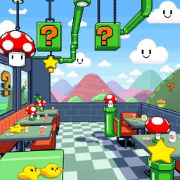 A pixelated restaurant inspired by the Mario Bros world, featuring vibrant colors and iconic elements such as mushroom decorations, green pipes as tables, and question mark blocks hanging from the ceiling