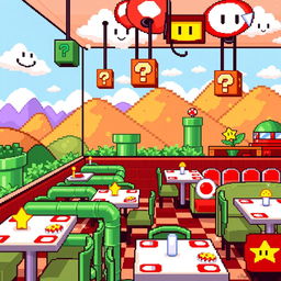 A pixelated restaurant inspired by the Mario Bros world, featuring vibrant colors and iconic elements such as mushroom decorations, green pipes as tables, and question mark blocks hanging from the ceiling