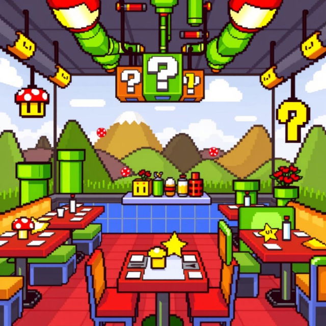 A pixelated restaurant inspired by the Mario Bros world, featuring vibrant colors and iconic elements such as mushroom decorations, green pipes as tables, and question mark blocks hanging from the ceiling