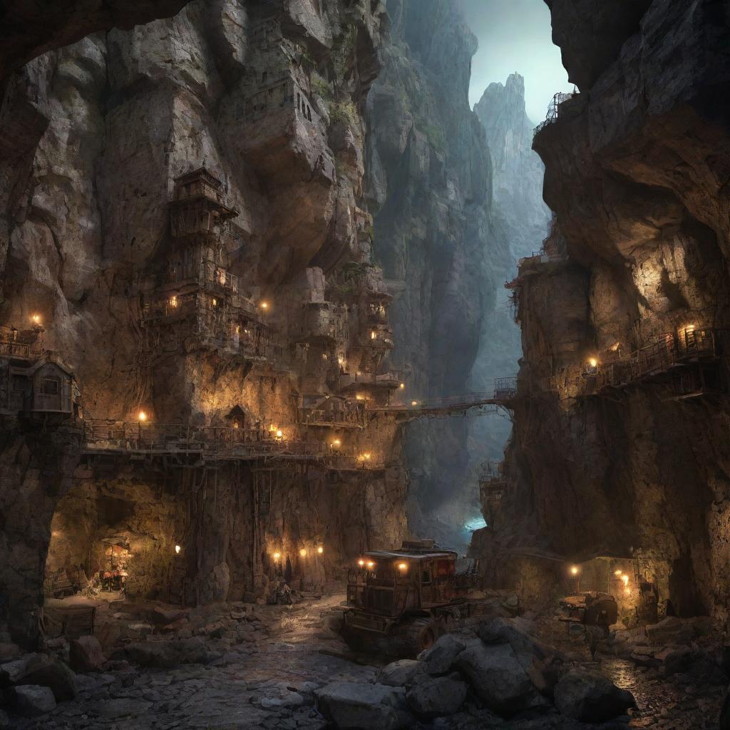 A thriving rockypunk city carved into massive mountain ridges and rock formations. Cobblestone streets buzz with mining vehicles, makeshift elevators ascend the steep cliffs, and dwellers in rugged attire navigate through a network of caves and tunnels lighted by phosphorescent minerals.