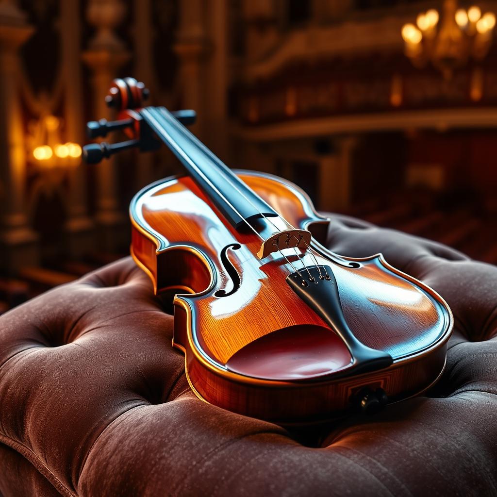 A beautifully crafted violin resting on a plush velvet cushion, bathed in soft, warm lighting