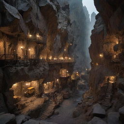 A thriving rockypunk city carved into massive mountain ridges and rock formations. Cobblestone streets buzz with mining vehicles, makeshift elevators ascend the steep cliffs, and dwellers in rugged attire navigate through a network of caves and tunnels lighted by phosphorescent minerals.