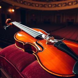 A beautifully crafted violin resting on a plush velvet cushion, bathed in soft, warm lighting