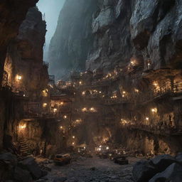 A thriving rockypunk city carved into massive mountain ridges and rock formations. Cobblestone streets buzz with mining vehicles, makeshift elevators ascend the steep cliffs, and dwellers in rugged attire navigate through a network of caves and tunnels lighted by phosphorescent minerals.