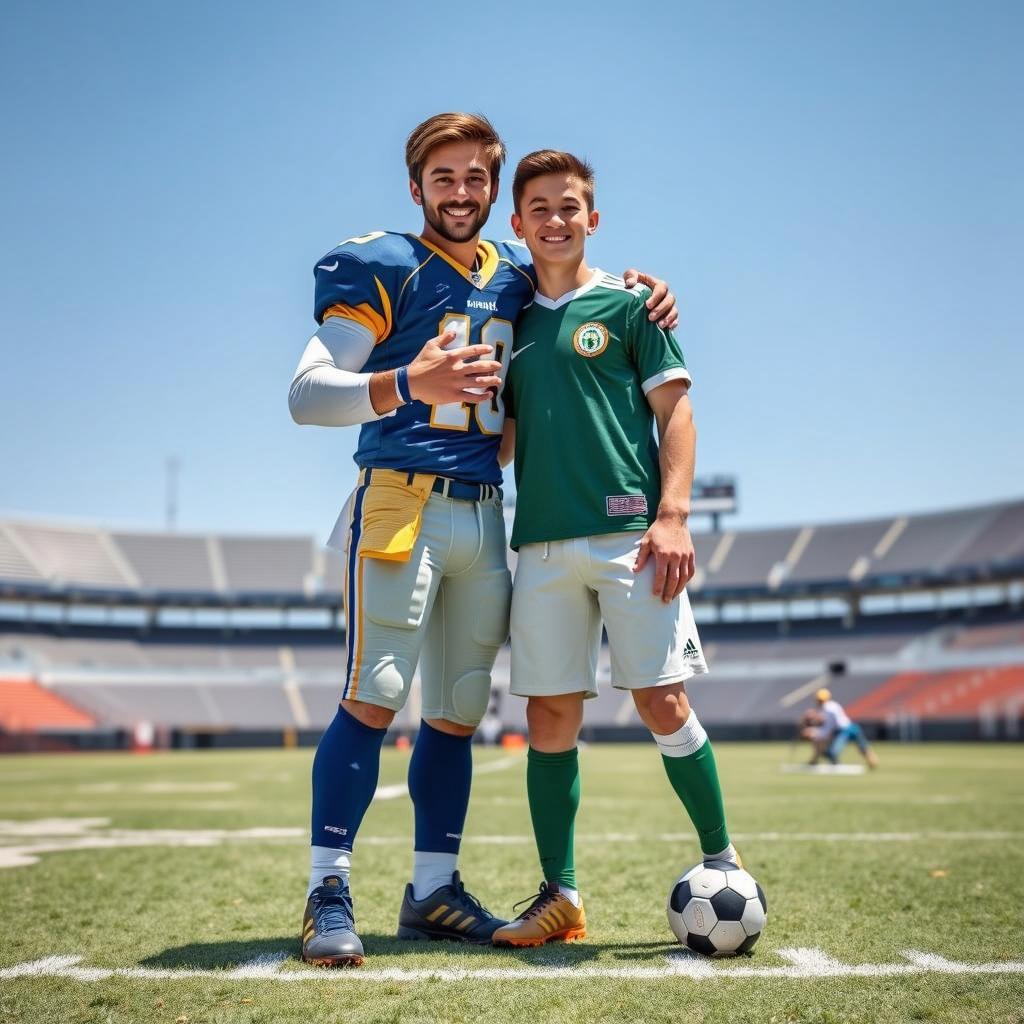 A football player in yellow and blue gear stands next to a soccer player in green attire on a large sports field