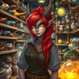 A dragon-born pet store owner with striking red hair and mesmerizing amber, glowing eyes