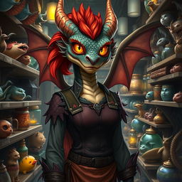 A dragon-born pet store owner with striking red hair and mesmerizing amber, glowing eyes