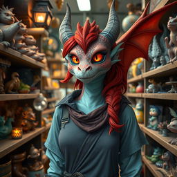 A dragon-born pet store owner with striking red hair and mesmerizing amber, glowing eyes