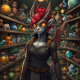 A dragon-born pet store owner with striking red hair and mesmerizing amber, glowing eyes