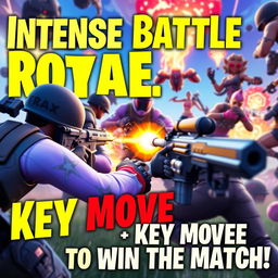 A captivating and visually striking YouTube thumbnail for a video titled 'Intense Battle in Fortnite Battle Royale! ⚔️🔥 Key Move to Win the Match'