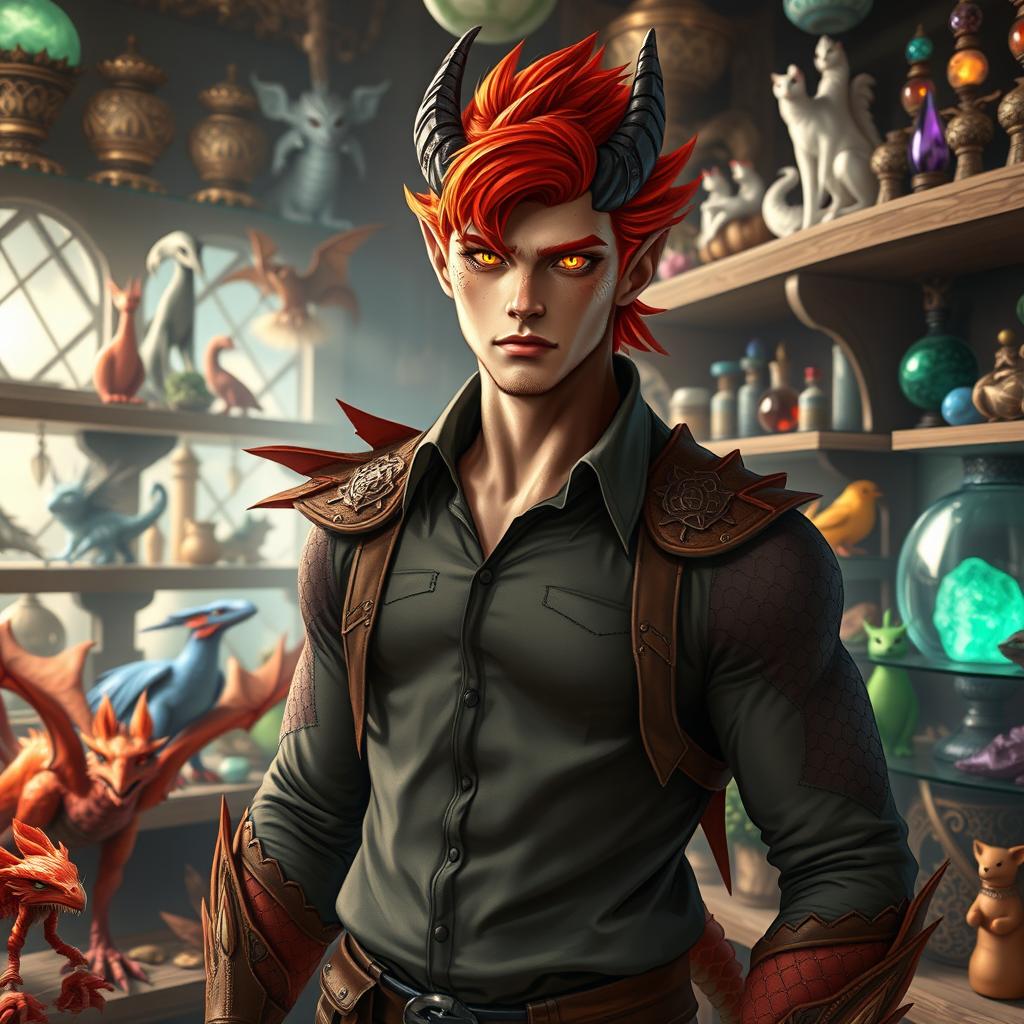 A dragon-born male pet store owner with striking red hair and mesmerizing amber eyes that seem to glow