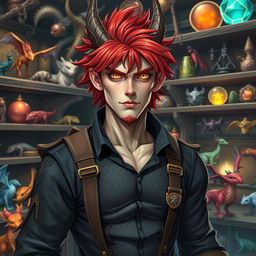 A dragon-born male pet store owner with striking red hair and mesmerizing amber eyes that seem to glow