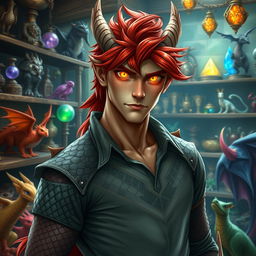 A dragon-born male pet store owner with striking red hair and mesmerizing amber eyes that seem to glow