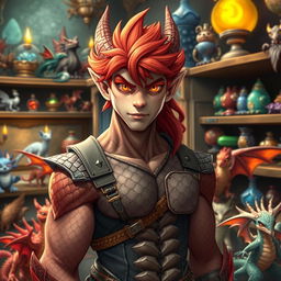 A dragon-born male pet store owner with striking red hair and mesmerizing amber eyes that seem to glow