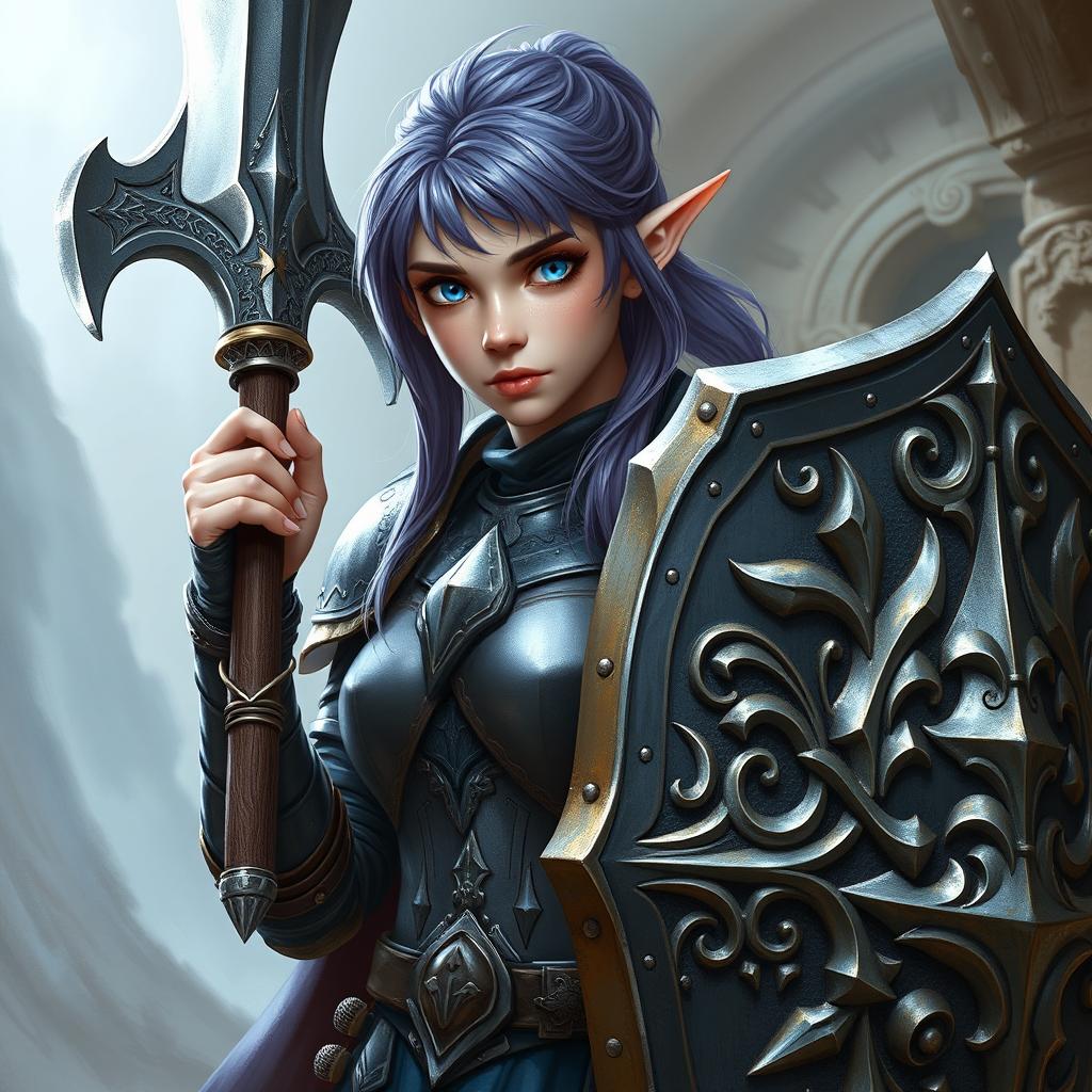 A female half-elf paladin with striking blue eyes and purplish grey hair