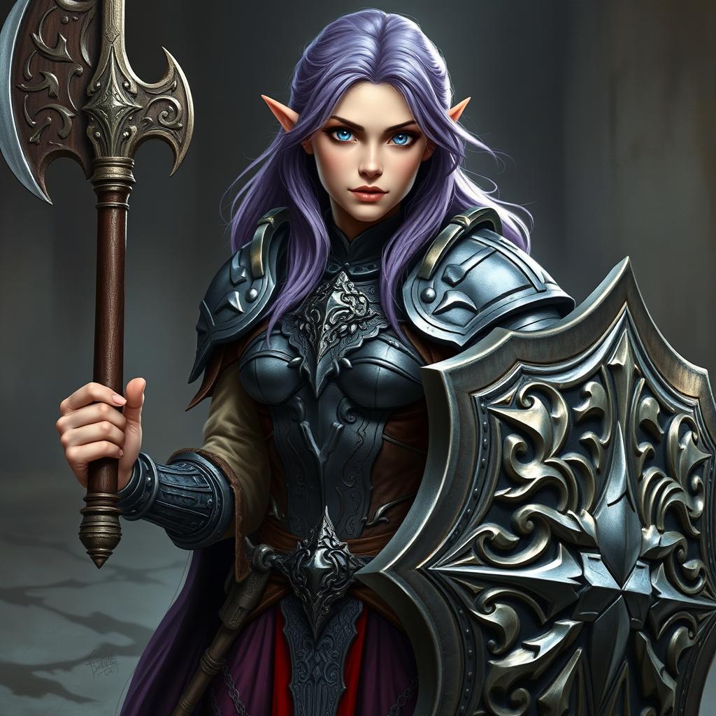 A female half-elf paladin with striking blue eyes and purplish grey hair