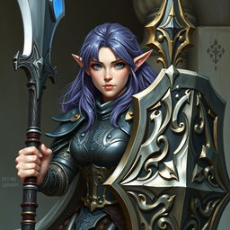 A female half-elf paladin with striking blue eyes and purplish grey hair