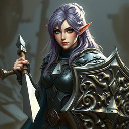 A female half-elf paladin with striking blue eyes and purplish grey hair