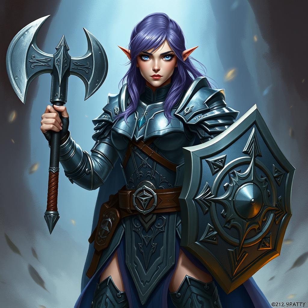 A fierce female half-elf paladin with striking blue eyes and purplish grey hair