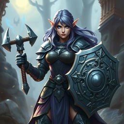 A fierce female half-elf paladin with striking blue eyes and purplish grey hair