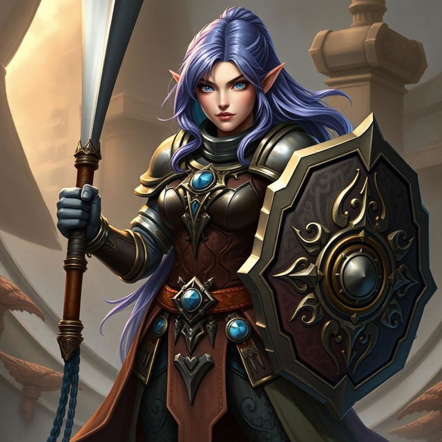 A fierce female half-elf paladin with striking blue eyes and purplish grey hair