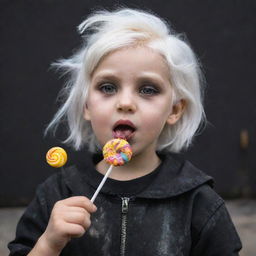 A bubbly little girl with white hair, dressed in post-apocalyptic-themed black clothes, joyously licking a colorful lollipop.