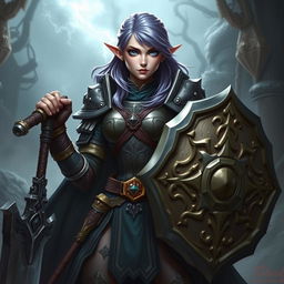 A fierce female half-elf paladin with striking blue eyes and purplish grey hair