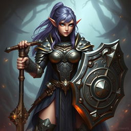 A fierce female half-elf paladin with striking blue eyes and purplish grey hair