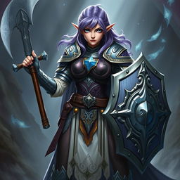 A fierce female half-elf paladin with striking blue eyes and purplish grey hair