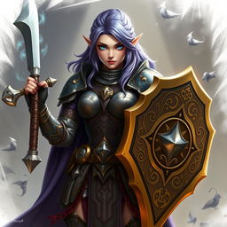 A fierce female half-elf paladin with striking blue eyes and purplish grey hair