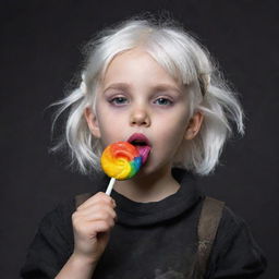 A bubbly little girl with white hair, dressed in post-apocalyptic-themed black clothes, joyously licking a colorful lollipop.