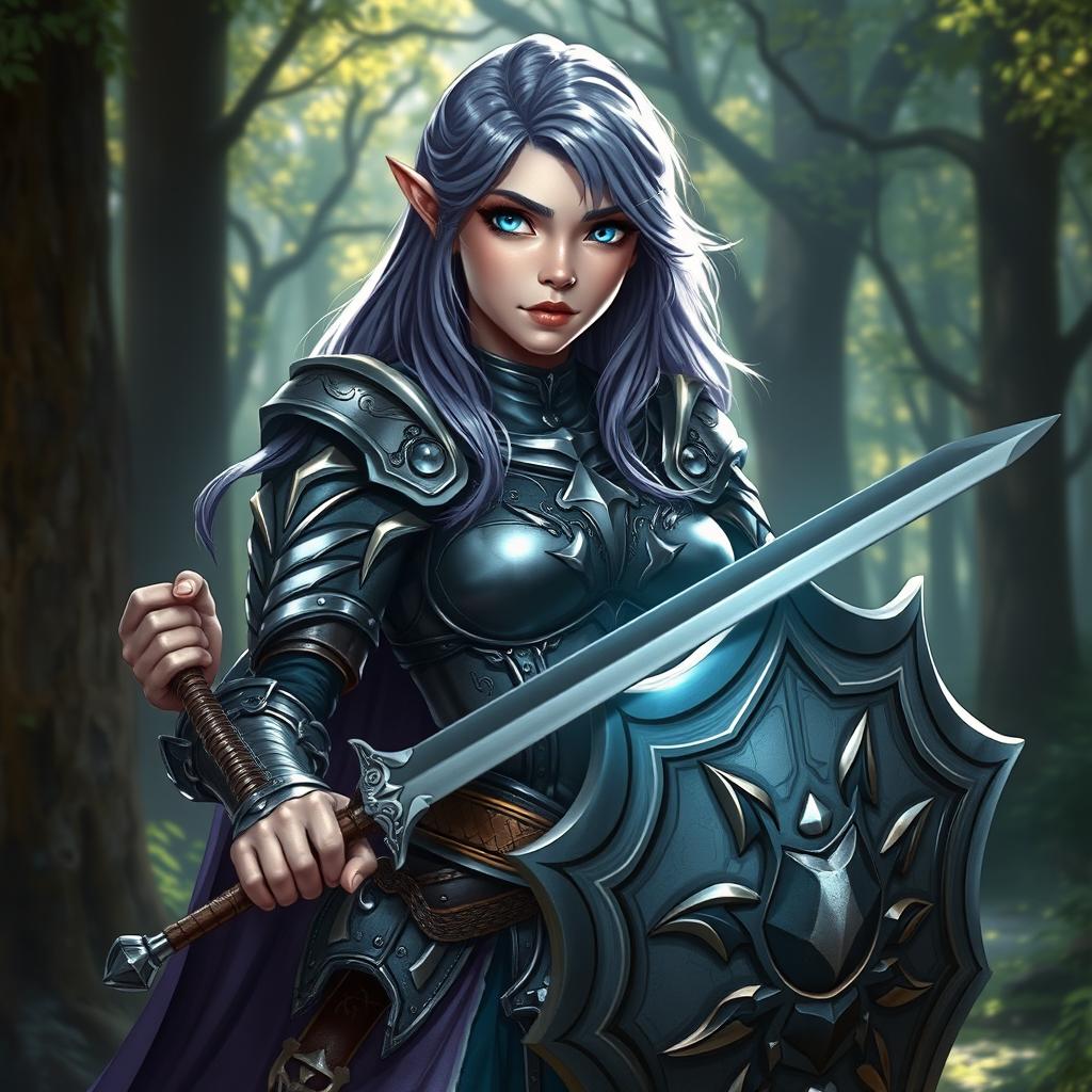 A female half-elf paladin with striking blue eyes and purplish grey hair