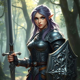 A female half-elf paladin with striking blue eyes and purplish grey hair