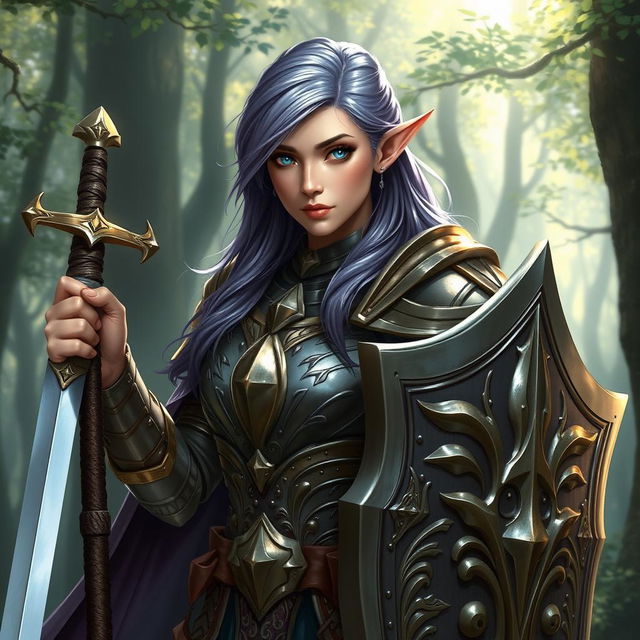 A female half-elf paladin with striking blue eyes and purplish grey hair