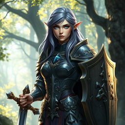 A female half-elf paladin with striking blue eyes and purplish grey hair