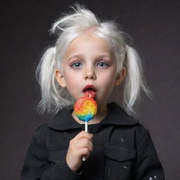 A bubbly little girl with white hair, dressed in post-apocalyptic-themed black clothes, joyously licking a colorful lollipop.