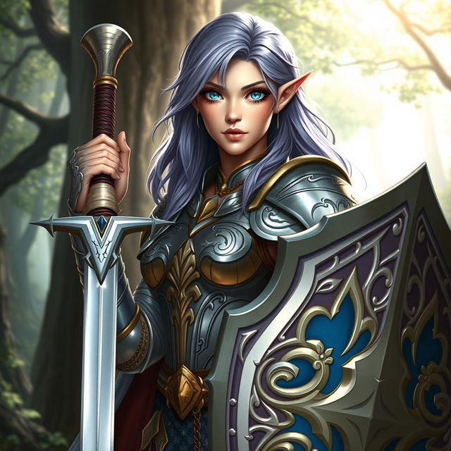 A female half-elf paladin with striking blue eyes and purplish grey hair