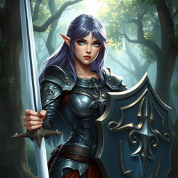 A female half-elf paladin with striking blue eyes and purplish grey hair