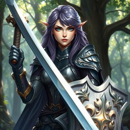 A female half-elf paladin with striking blue eyes and purplish grey hair