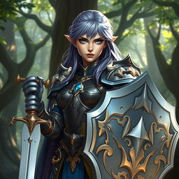 A female half-elf paladin with striking blue eyes and purplish grey hair